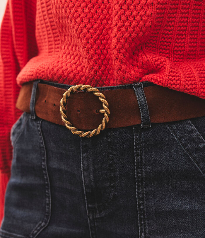 Donna Camel Suede Belt with Intricate Buckle