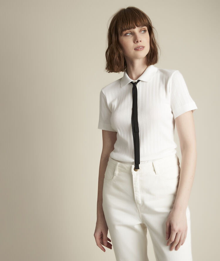 Romy openwork polo shirt ecru.