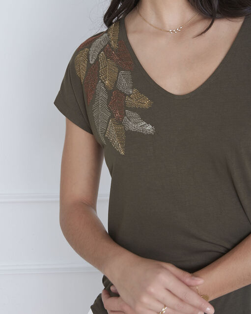 Pandore khaki feather embroidery t-shirt kaki.
