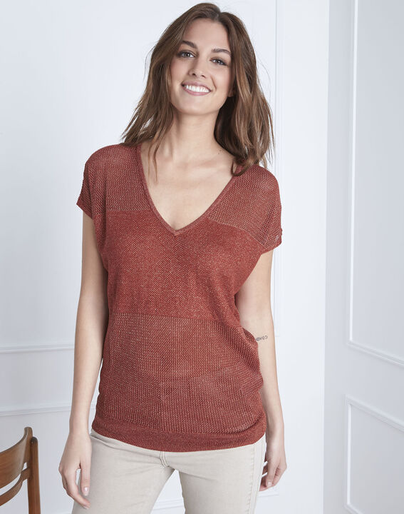 Beige sweater with Amande lurex V-neck | 1-2-3 Beige sweater with Amande lurex V-neck PhotoZ | 1-2-3