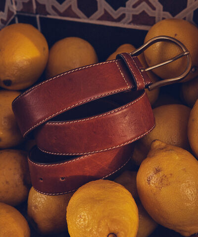 Dome Stylish Belt in Camel Topstitched Leather PhotoZ | 1-2-3