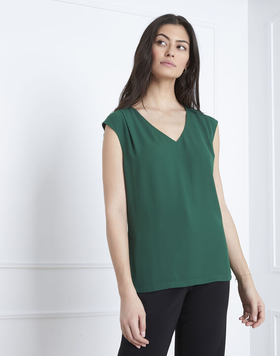 Neptune green bi-material V-neck blouse | 1-2-3 Neptune green bi-material V-neck blouse PhotoZ | 1-2-3