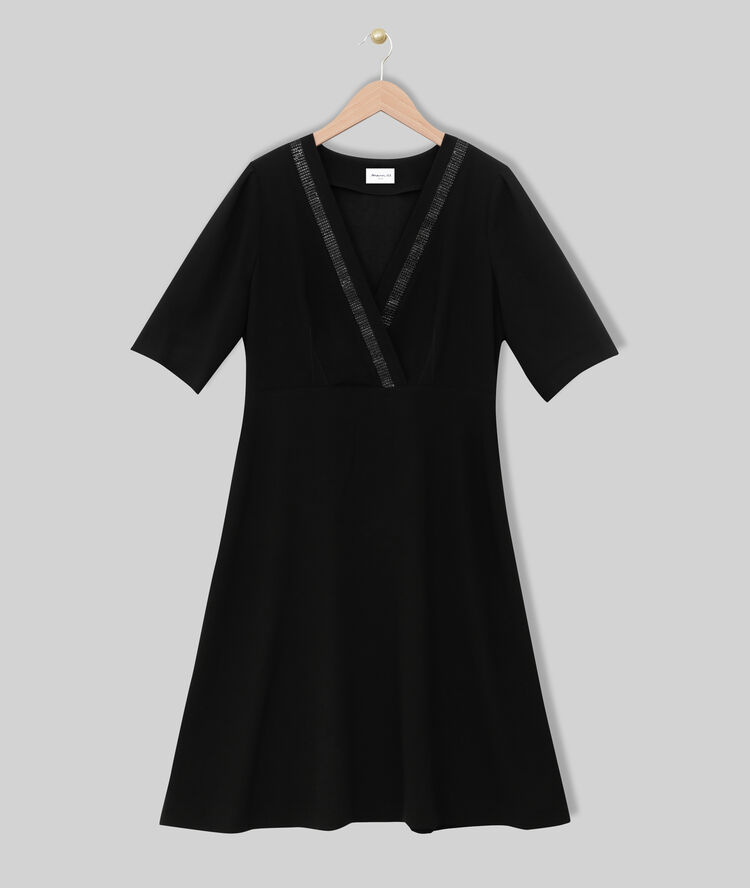 Fabe crepe dress with jewelled neck black.