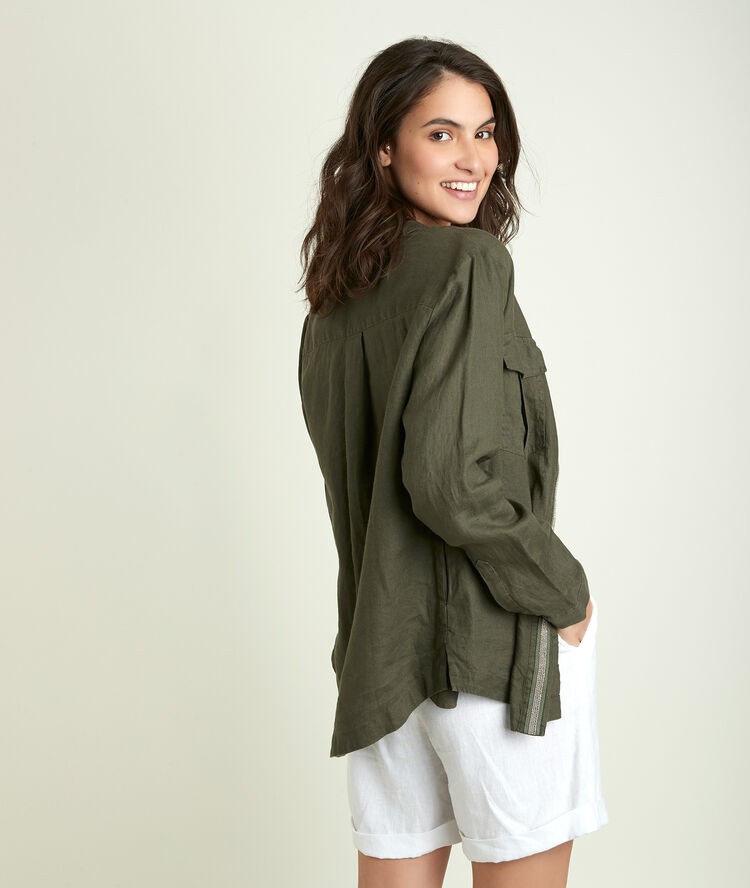 Cathleen leaf green linen shirt almond.