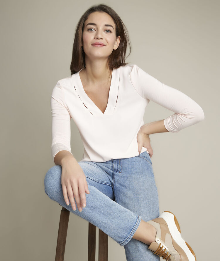 Eliott nude top in two fabrics nude.