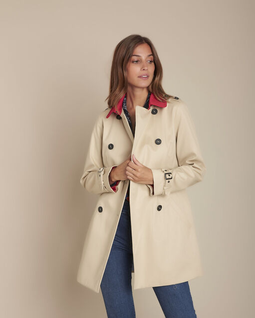 Quoralie havana brown short trench with contrasting collar camel.
