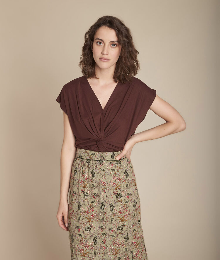 Carine brown pleated wrap-over-style t-shirt dark brown.