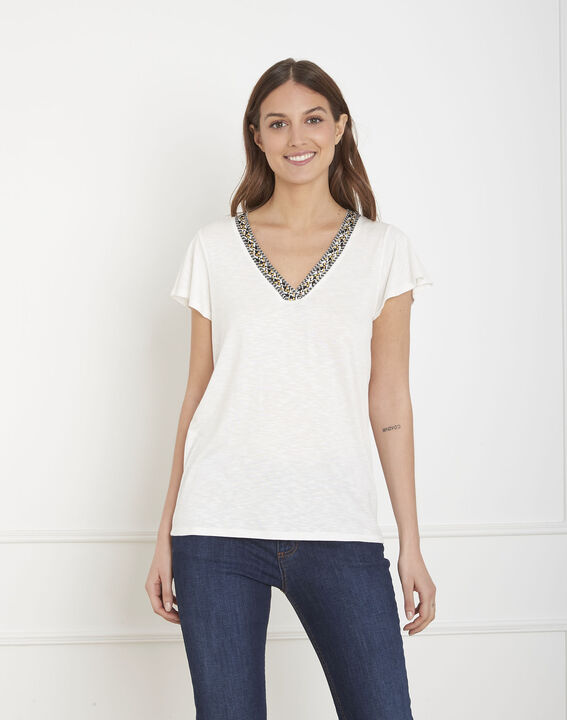 Penelope ecru T-shirt with decorative neck | 1-2-3 Penelope ecru T-shirt with decorative neck PhotoZ | 1-2-3