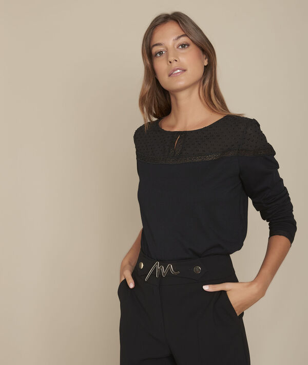 Chiara black T-shirt with lace neckline PhotoZ | 1-2-3
