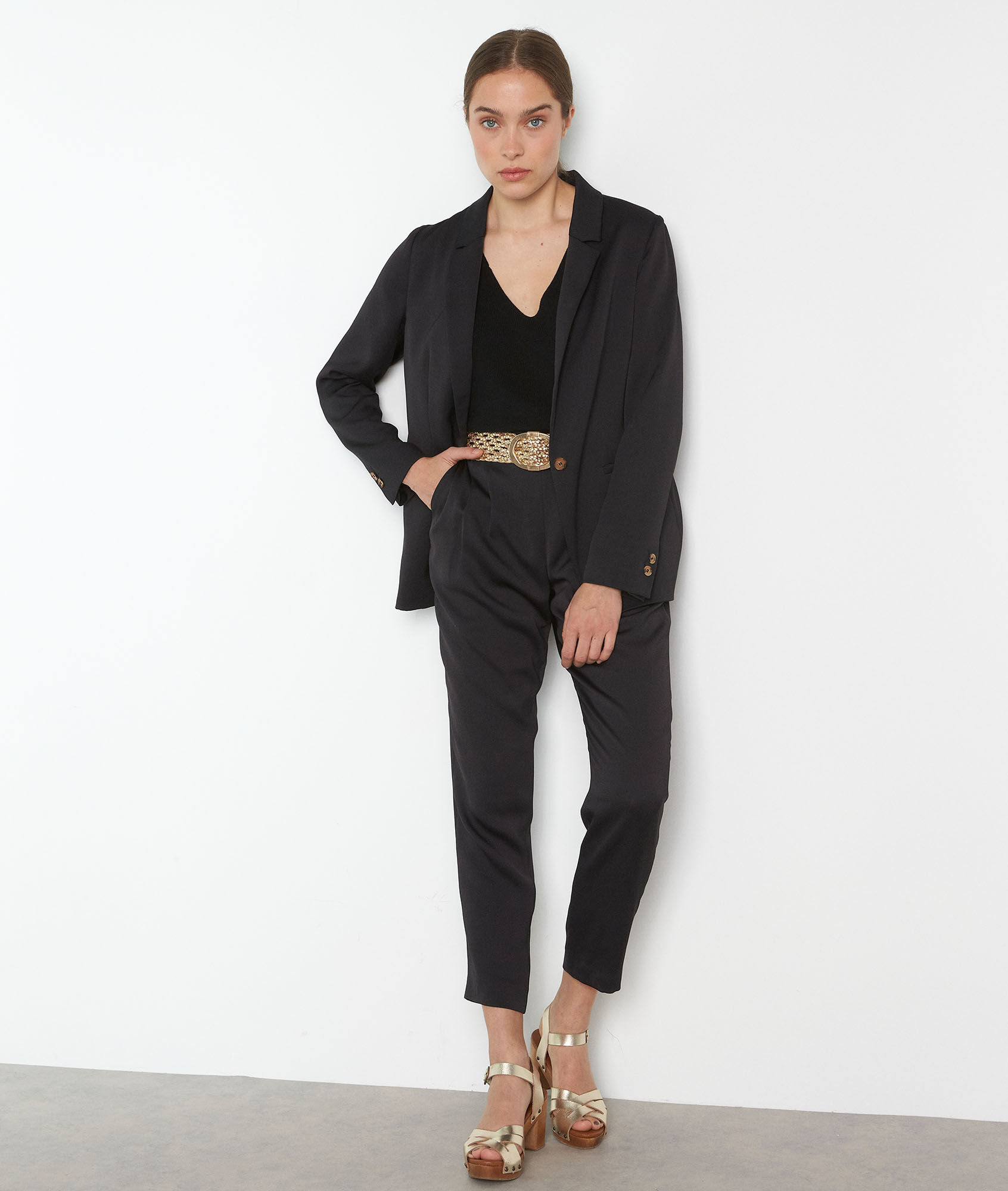FLYNN black satin tailored trousers 