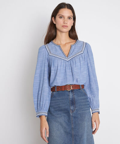 Larssa marled blue embroidered cotton blouse PhotoZ | 1-2-3