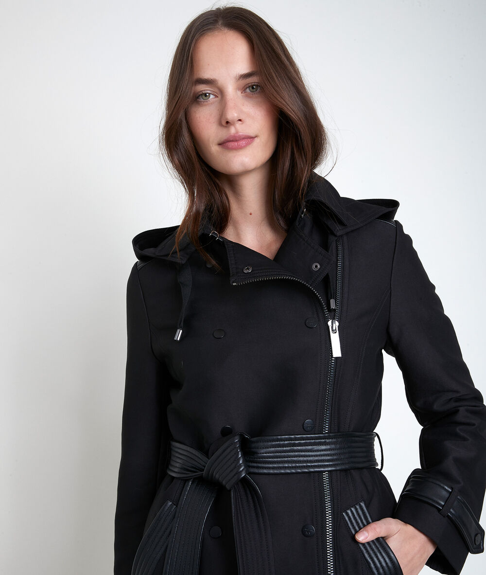 Sakura trench coat with faux leather panel noir.