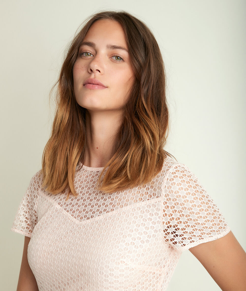 Olympe powder pink lace corolla dress nude.