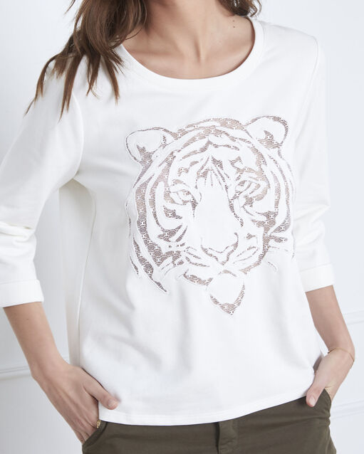 Pondichéry ecru pullover with tiger head and see-through details ecru.