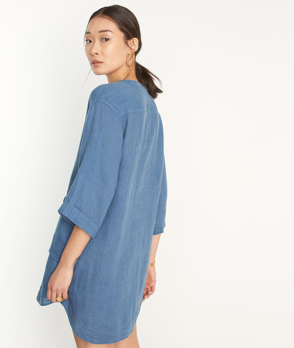Hannae blue linen short dress with shirt-tail hem PhotoZ | 1-2-3