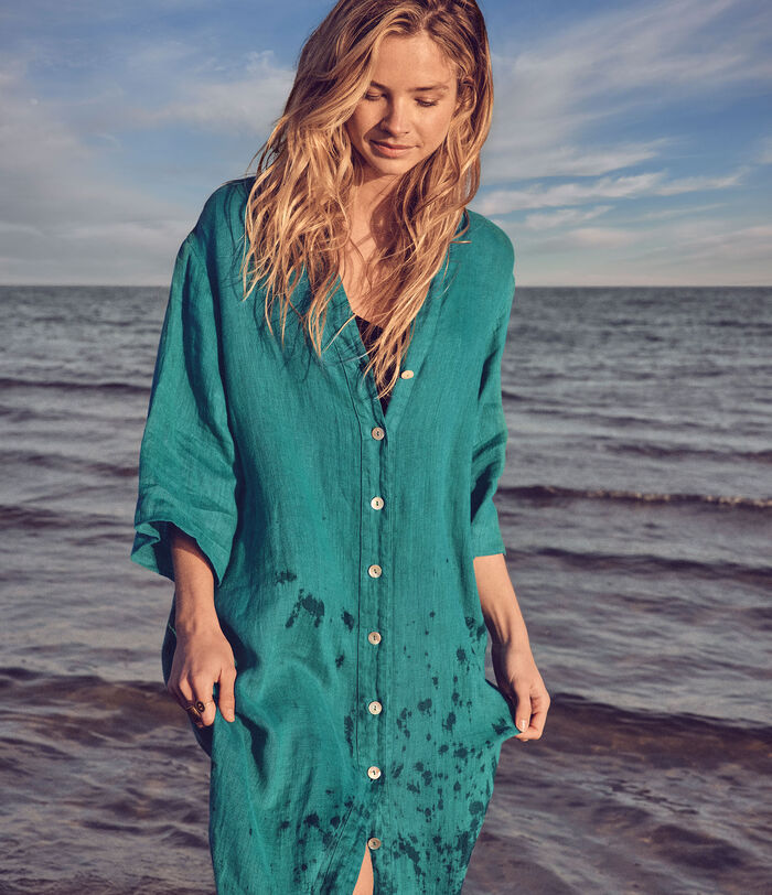 Hajar turquoise linen long buttoned dress