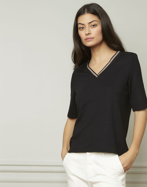Pluie black lurex V-neckline T-shirt | 1-2-3 Pluie black lurex V-neckline T-shirt PhotoZ | 1-2-3