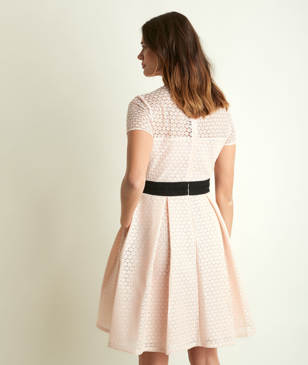 Olympe powder pink lace corolla dress nude.