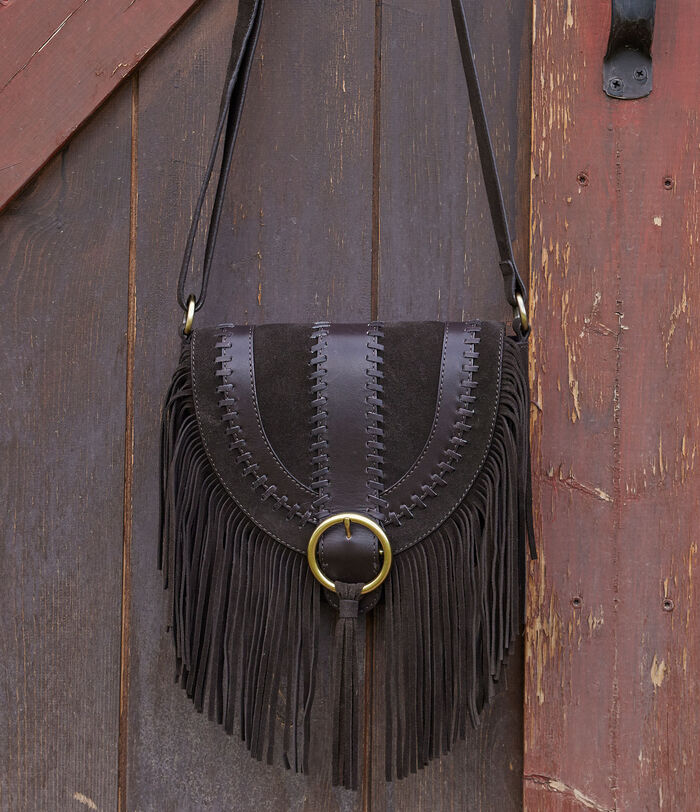 Leotie brown suede messenger bag with fringing
