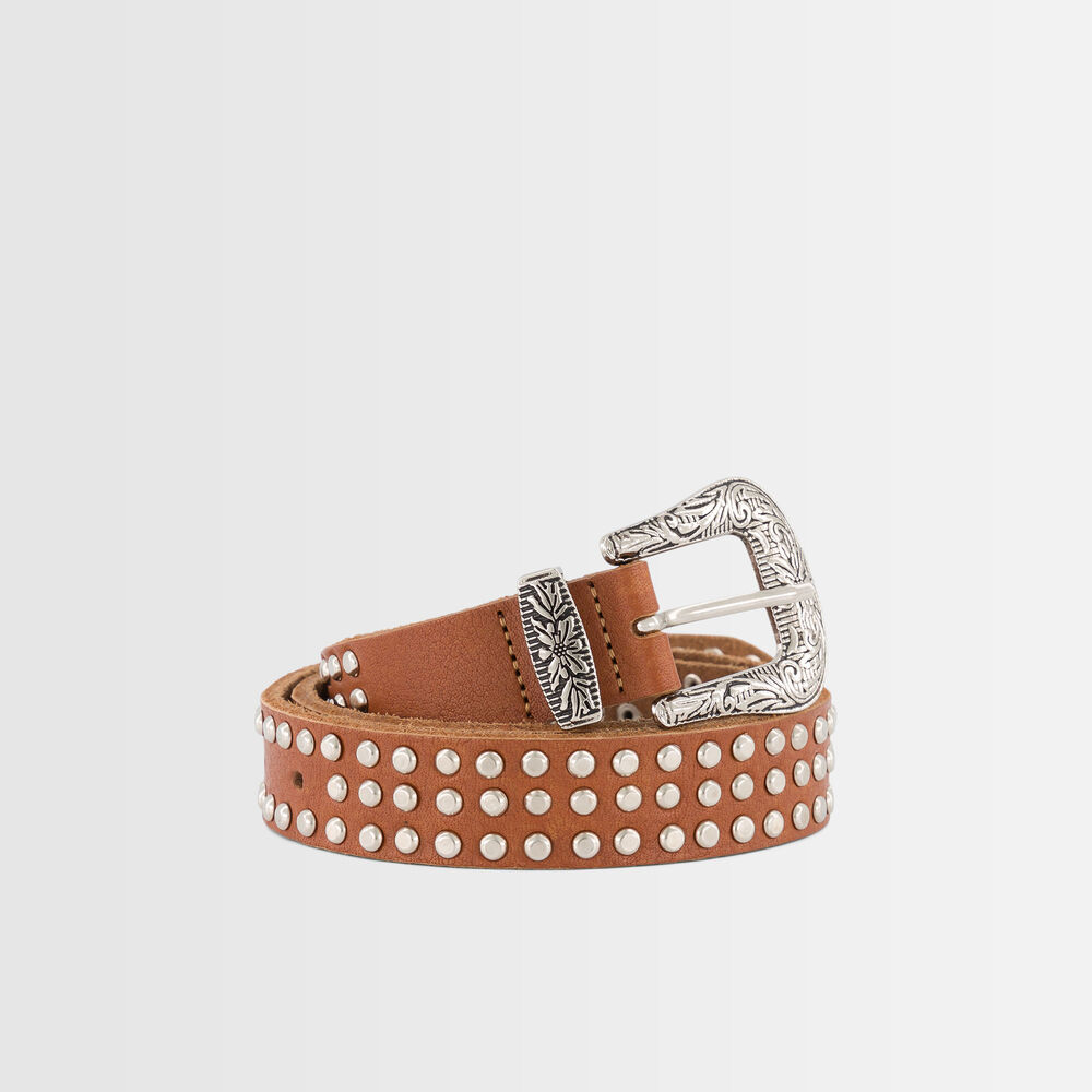 Sharleen camel-coloured studded belt camel.