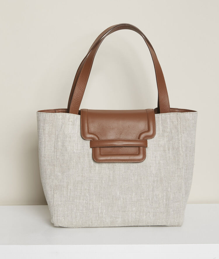 The reversible leather and linen tote bag greige.