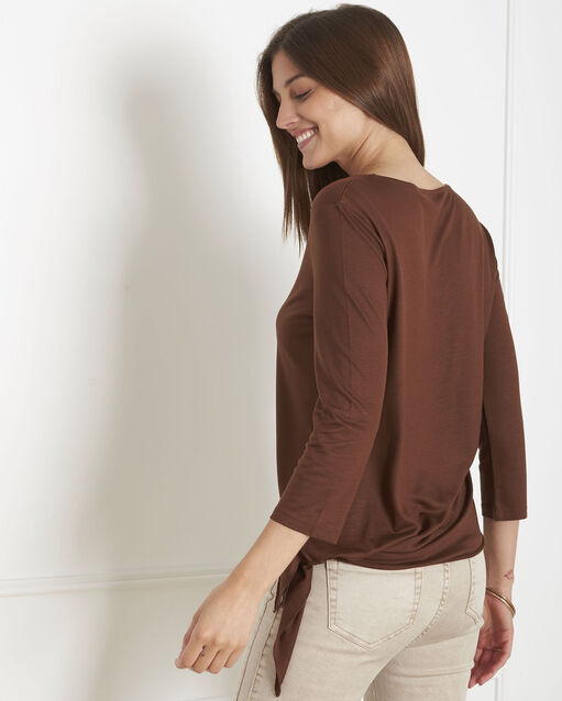 Pencel black t-shirt with bow at the side caramel.
