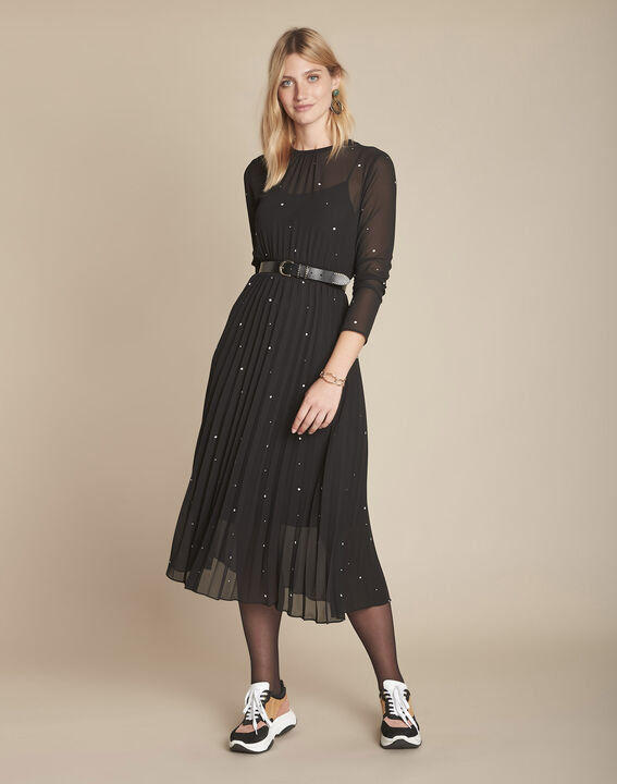 Iola long black pleated polka dot dress PhotoZ | 1-2-3