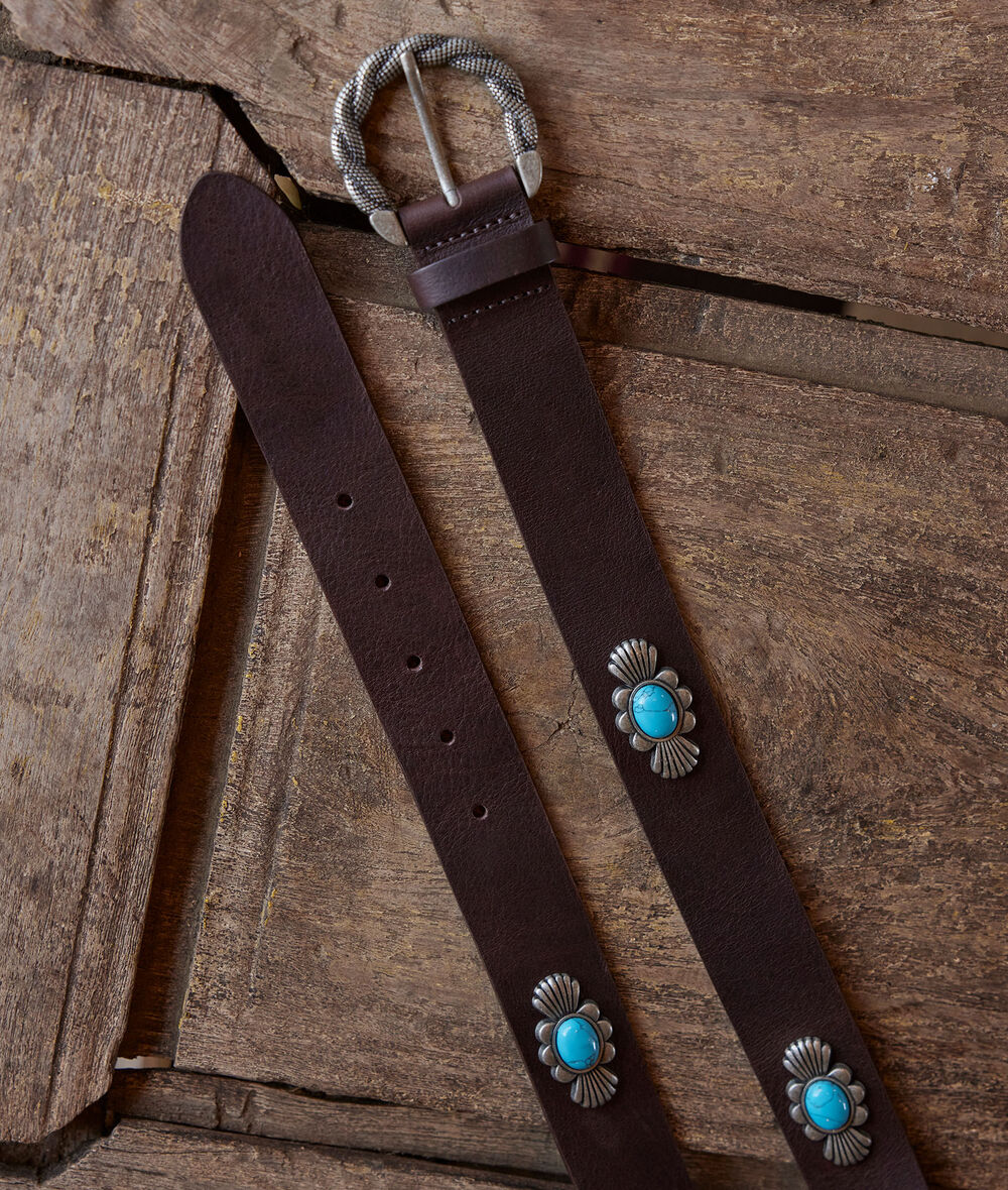 Dilie brown leather belt with turquoise stones PhotoZ | 1-2-3