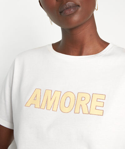 Moon cream organic cotton T-shirt with embroidered slogan PhotoZ | 1-2-3