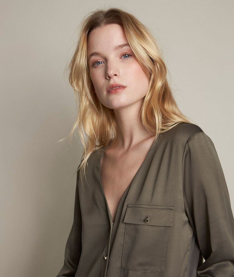 Rachel buttoned two-fabric top khaki.