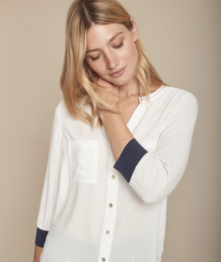 Mulan ecru blouse with contrasting basting stitches ecru.