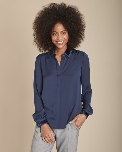 Maya navy satin shirt with velvet collar (2) - Maison 123
