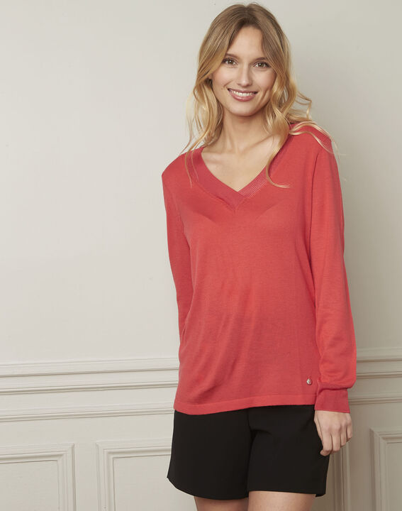 Bergamote coral V-neck viscose blend pullover | 1-2-3 Bergamote coral V-neck viscose blend pullover PhotoZ | 1-2-3