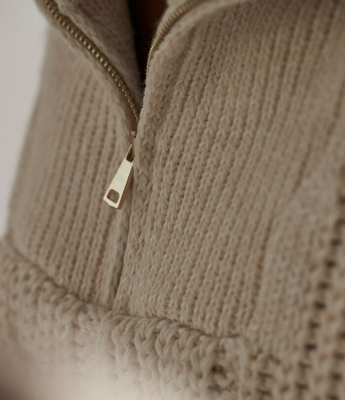 Marlene beige cable-knit zipped rollneck jumper PhotoZ | 1-2-3