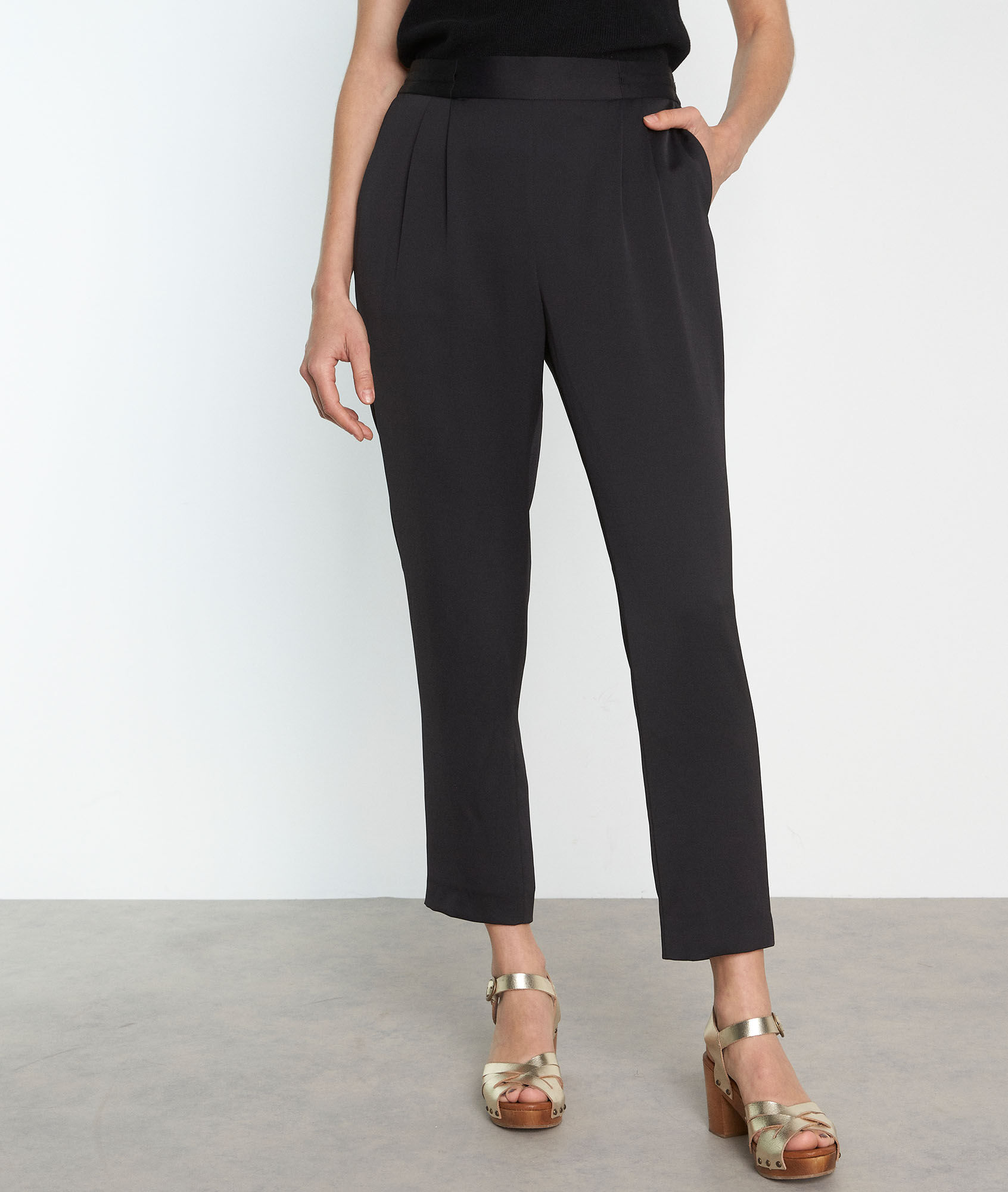 FLYNN black satin tailored trousers 
