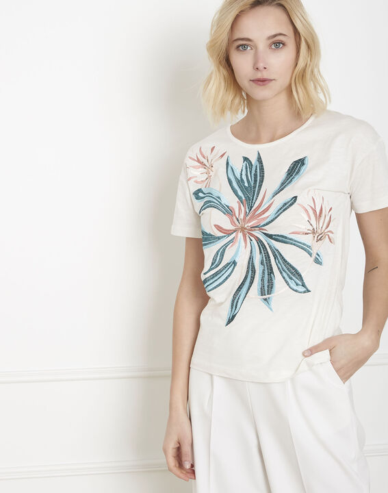 Plage ecru embroidered T-shirt | 1-2-3 Plage ecru embroidered T-shirt PhotoZ | 1-2-3