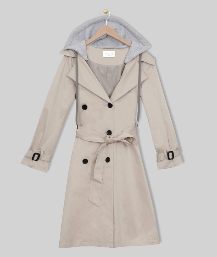 Florienne long hooded beige trench coat greige.