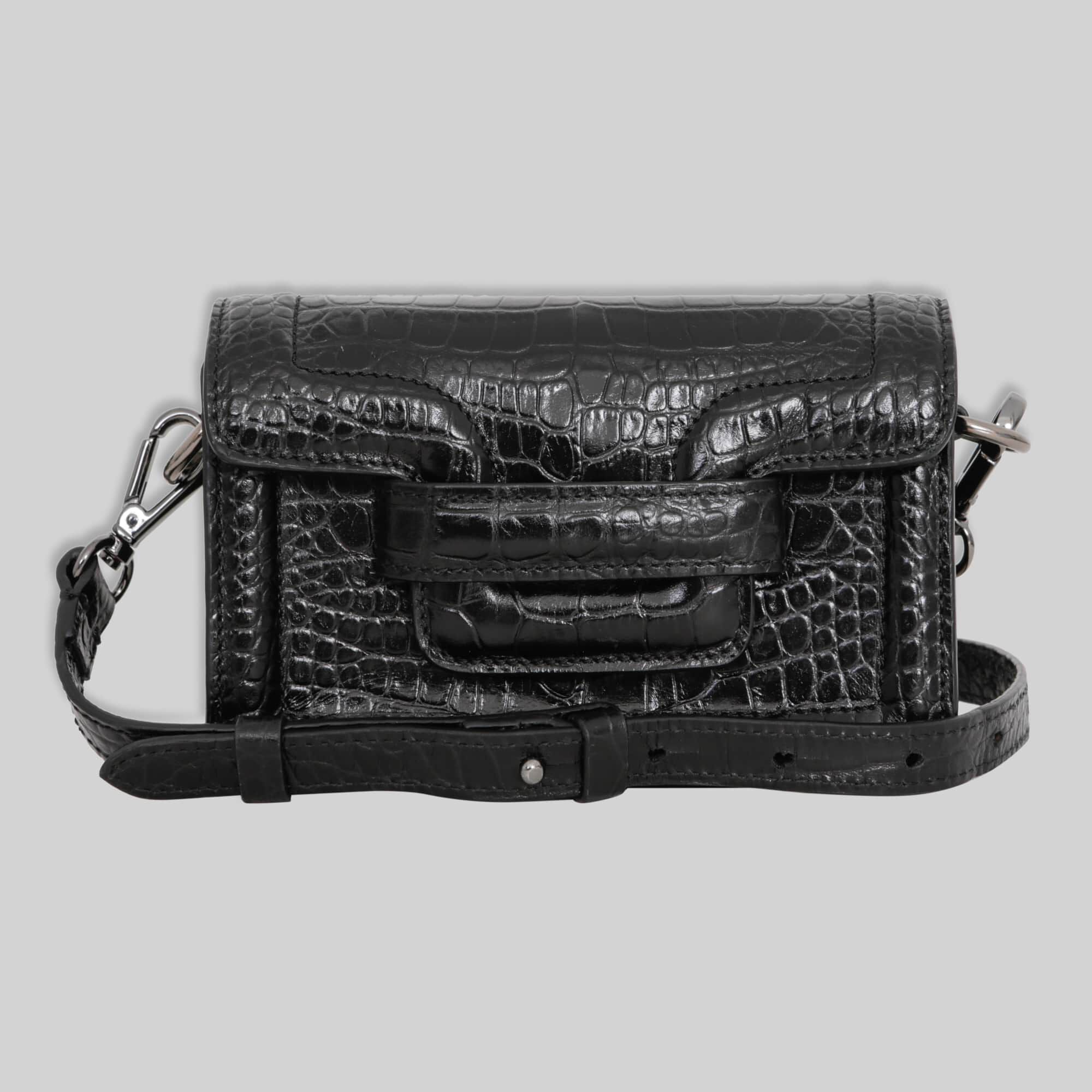 black croc belt bag