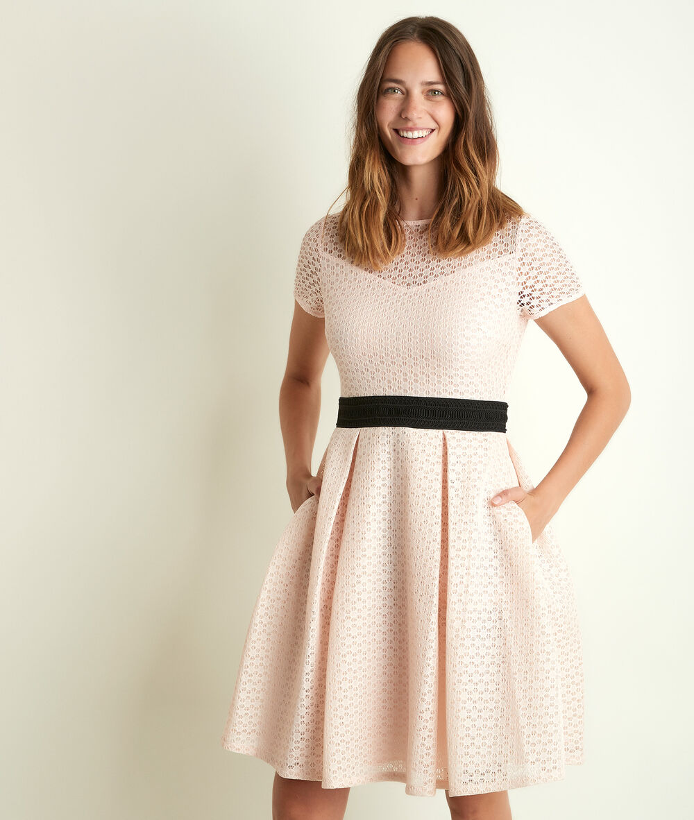 Olympe powder pink lace corolla dress nude.