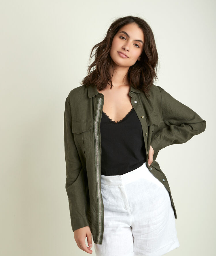 Cathleen leaf green linen shirt almond.