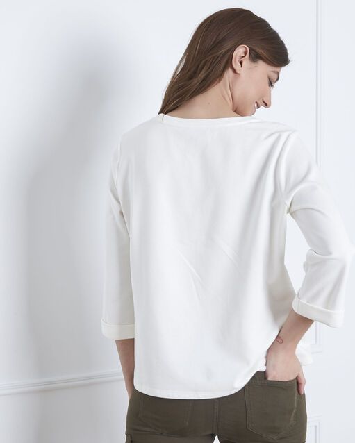 Pondichéry ecru pullover with tiger head and see-through details ecru.