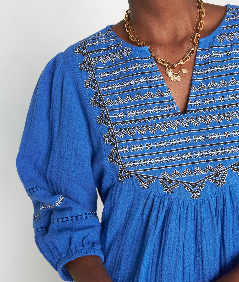 Nita royal blue embroidered short dress in organic cotton  PhotoZ | 1-2-3
