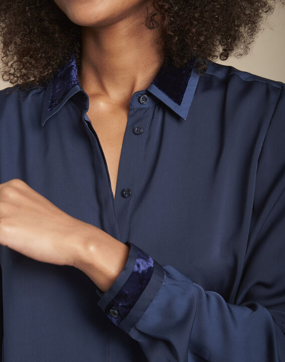 Maya navy satin shirt with velvet collar PhotoZ | 1-2-3