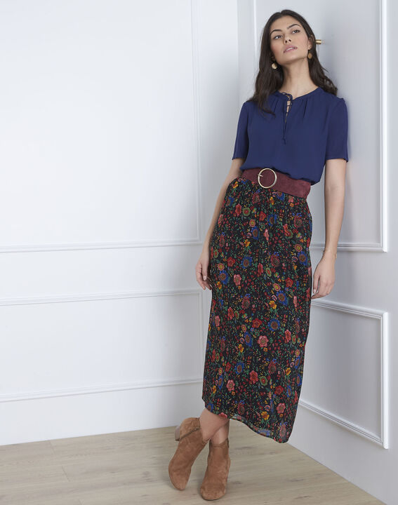 Viola navy blouse with laced neckline | 1-2-3 Viola navy blouse with laced neckline PhotoZ | 1-2-3