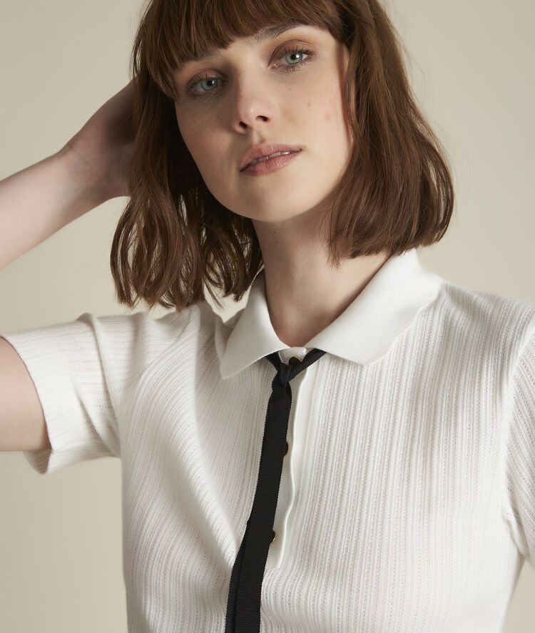 Romy openwork polo shirt ecru.