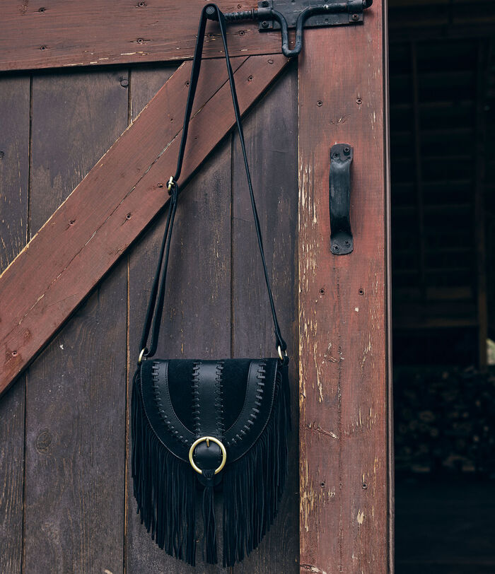 Leotie black suede messenger bag with fringing