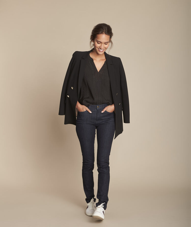 Maeline black dual fabric openwork blouse black.