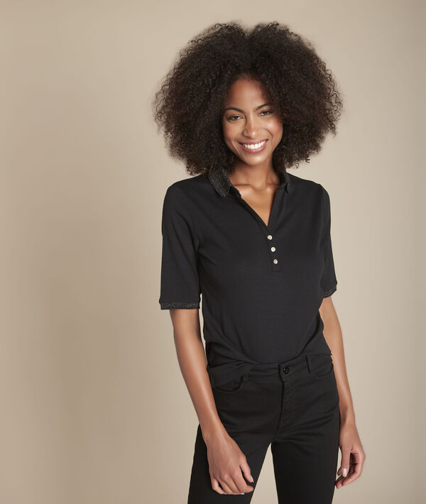 Claudia black polo shirt with lurex collar | 1-2-3 Claudia black polo shirt with lurex collar PhotoZ | 1-2-3