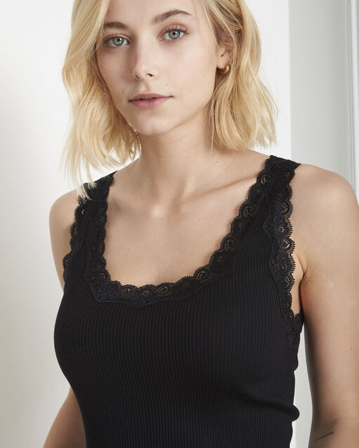 Guest black silk and cotton tank top with lace neckline black.