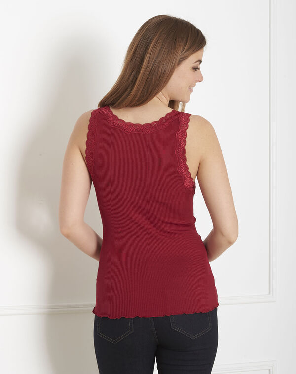 Guest red silk and cotton tank top with lace neckline red.